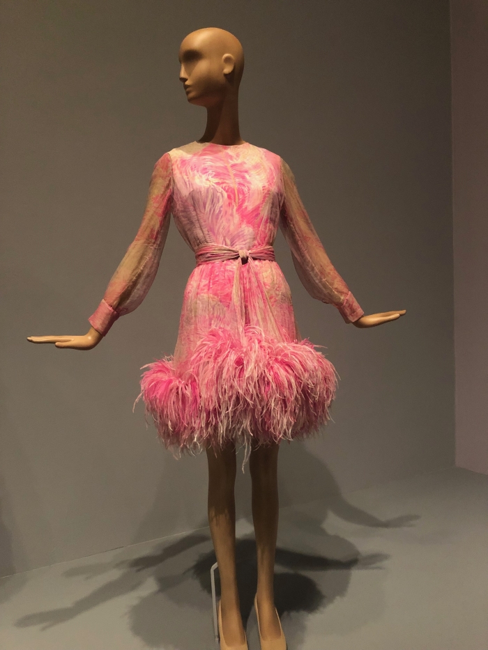 Pink long sleeve ostrich feathered dress from 1960s